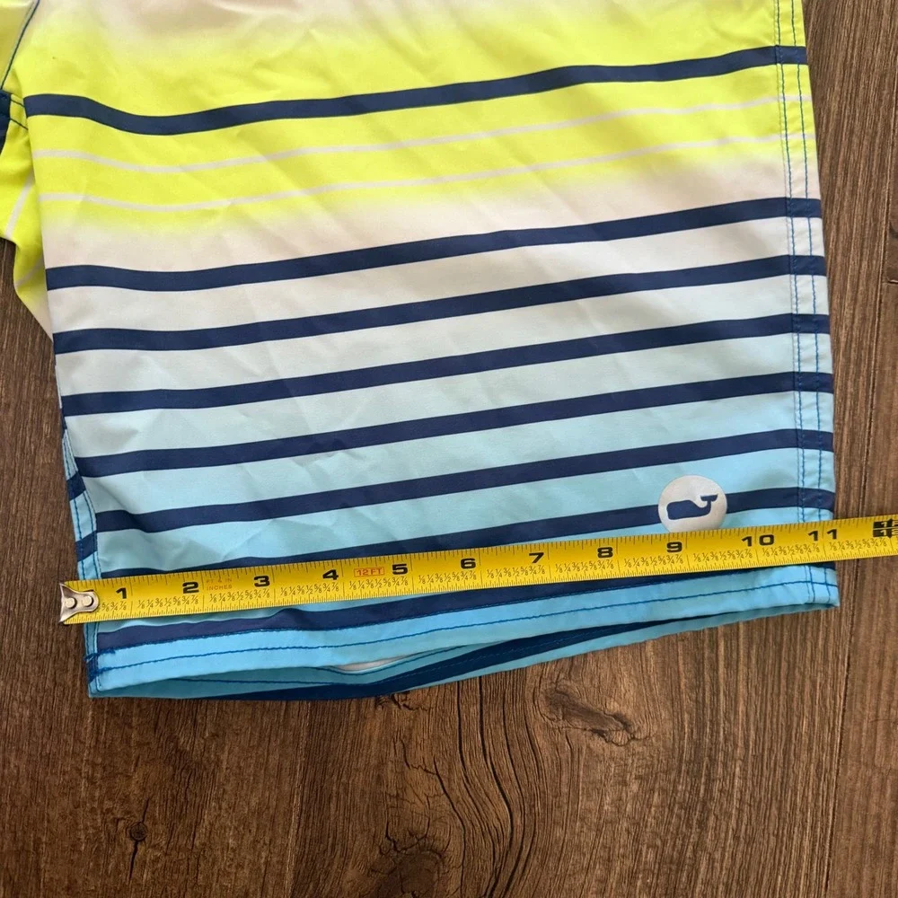 Vineyard Vines Board Shorts Mens 34 Blue Lime Green Striped Swim Trunks Stretch